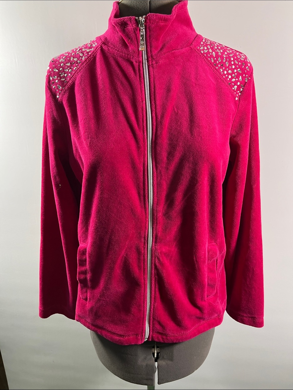 Onque Casuals Hot Pink Velour Zip-Up Jacket with Embellished Shoulders Size PM
